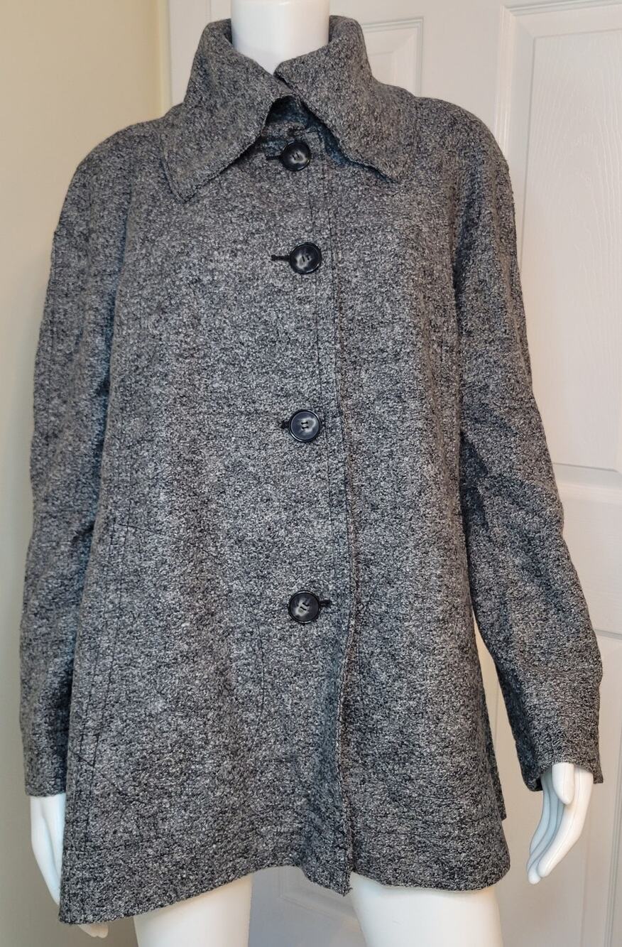 Hilary Radley Tweedy Lined Car Coat Wool Blend 4 Button Mod Size 14 Heather Gray